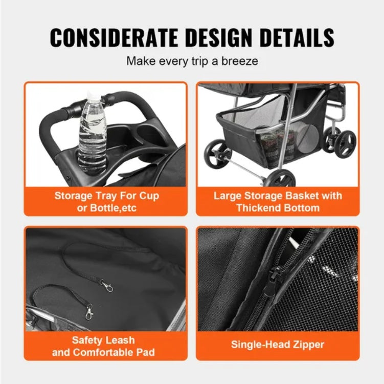 VEVOR Pet Stroller, 3 Wheels Dog Stroller Rotate With Brakes, 35lbs Weight Capacity, Puppy Stroller With Front Pedal, Velcro, Storage Basket And Cup Holder, For Dogs And Cats Travel, Black