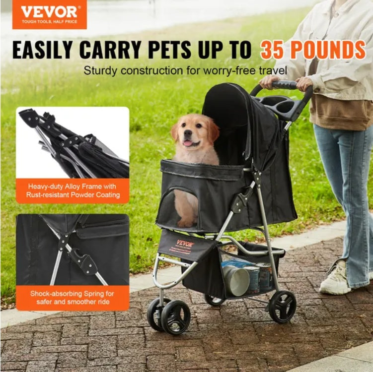 VEVOR Pet Stroller, 3 Wheels Dog Stroller Rotate With Brakes, 35lbs Weight Capacity, Puppy Stroller With Front Pedal, Velcro, Storage Basket And Cup Holder, For Dogs And Cats Travel, Black