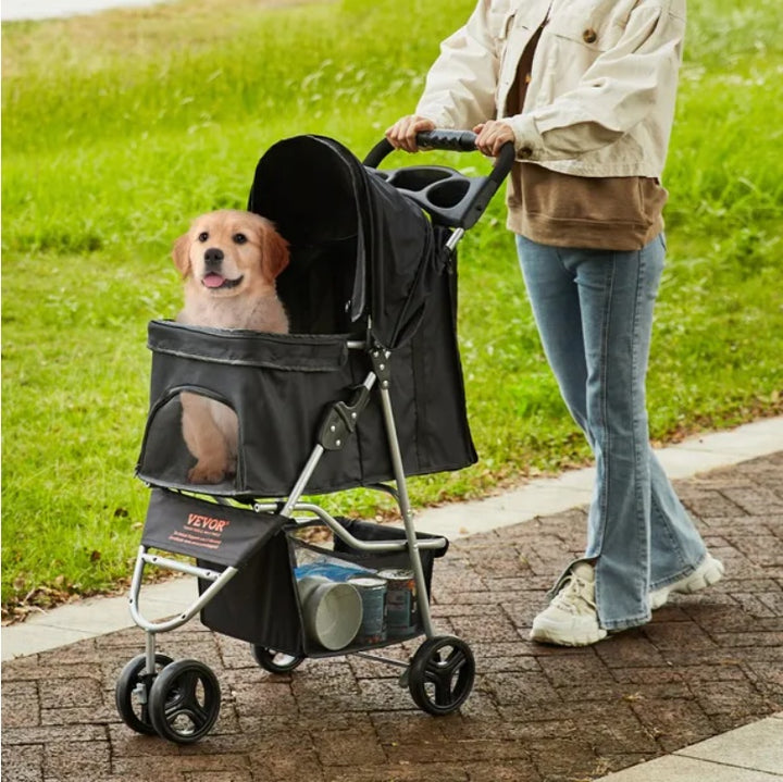 VEVOR Pet Stroller, 3 Wheels Dog Stroller Rotate With Brakes, 35lbs Weight Capacity, Puppy Stroller With Front Pedal, Velcro, Storage Basket And Cup Holder, For Dogs And Cats Travel, Black