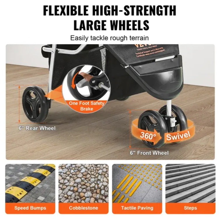 VEVOR Pet Stroller, 3 Wheels Dog Stroller Rotate With Brakes, 35lbs Weight Capacity, Puppy Stroller With Front Pedal, Velcro, Storage Basket And Cup Holder, For Dogs And Cats Travel, Black