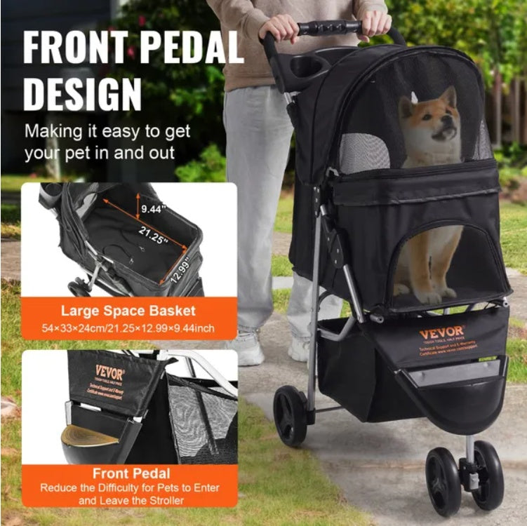 VEVOR Pet Stroller, 3 Wheels Dog Stroller Rotate With Brakes, 35lbs Weight Capacity, Puppy Stroller With Front Pedal, Velcro, Storage Basket And Cup Holder, For Dogs And Cats Travel, Black