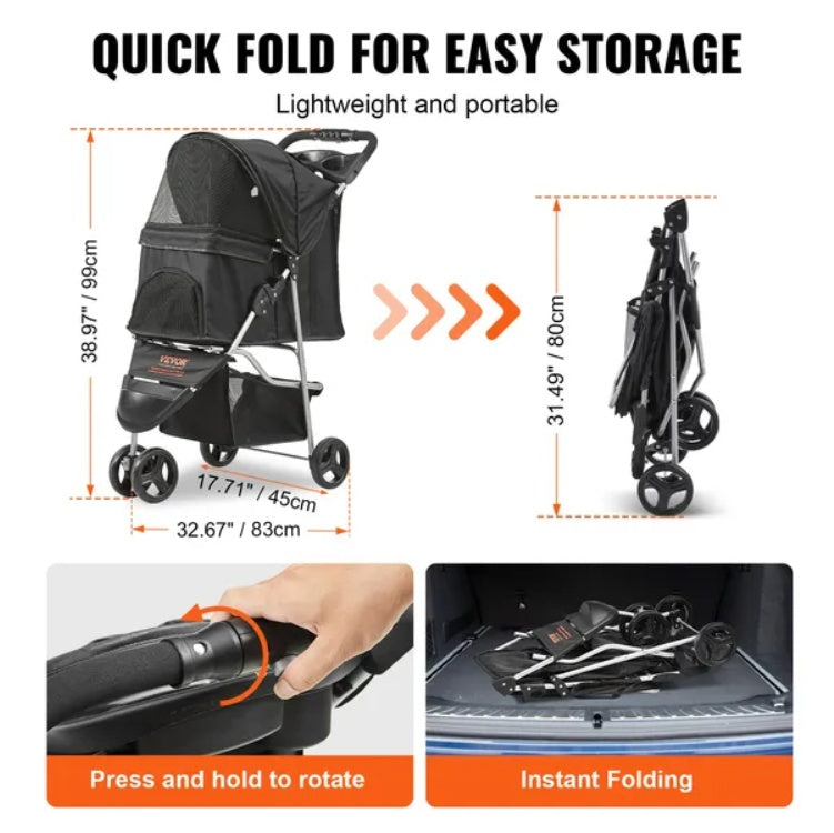 VEVOR Pet Stroller, 3 Wheels Dog Stroller Rotate With Brakes, 35lbs Weight Capacity, Puppy Stroller With Front Pedal, Velcro, Storage Basket And Cup Holder, For Dogs And Cats Travel, Black